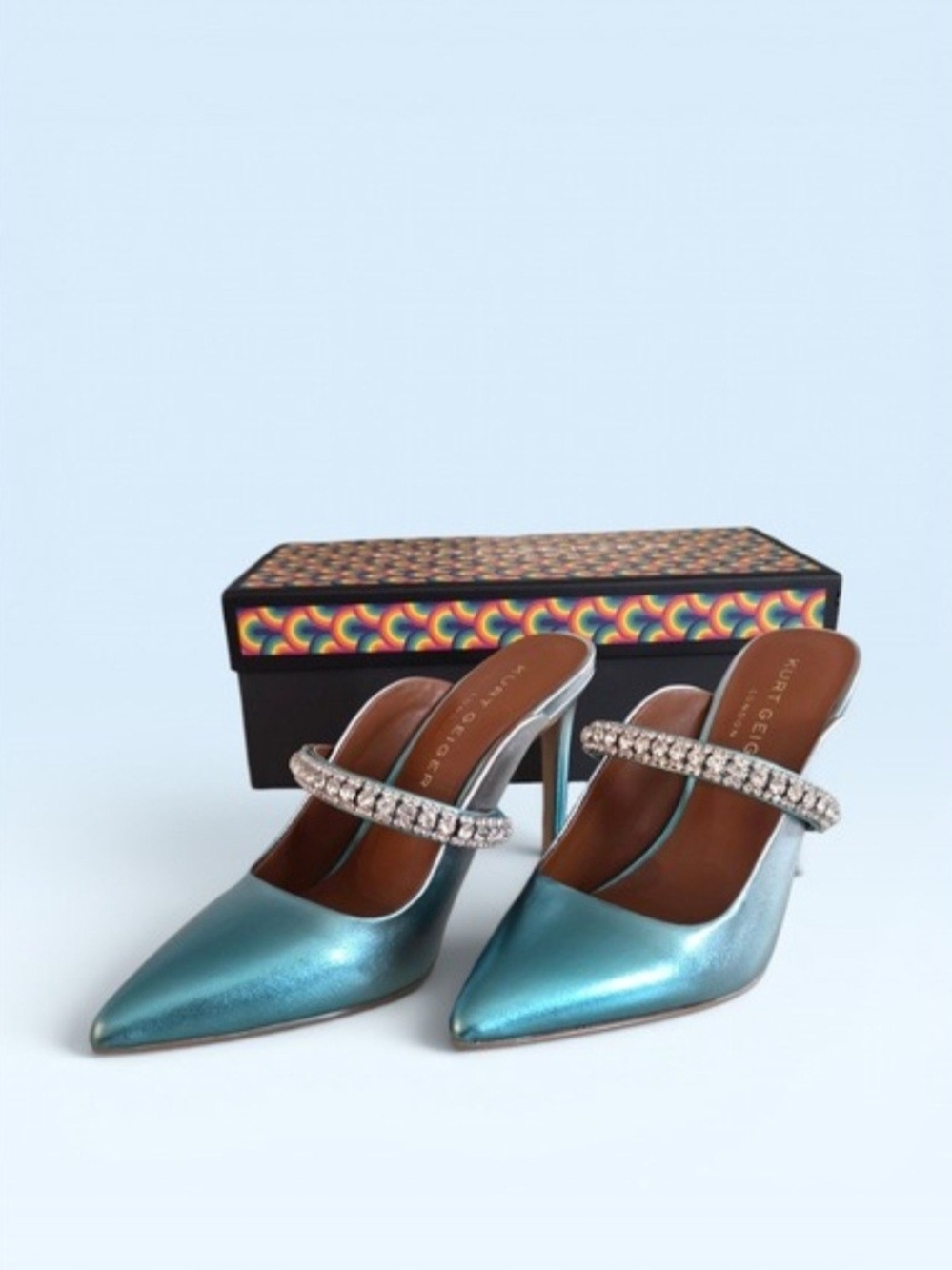 Kurt Geiger Metallic Teal Pointed-Toe Mary Jane Heels with Crystal Strap